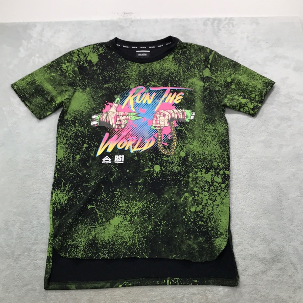 "RISE AS 1NE" Men's Short Sleeve Green Splatter RUN THE WORLD Size XL